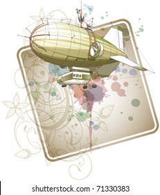 Dirigible balloon & floral calligraphy ornament - a stylized orchid, color paint background