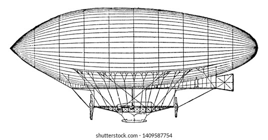 Dirigible Balloon successfully equipped with a powerful oil engine, vintage line drawing or engraving illustration.