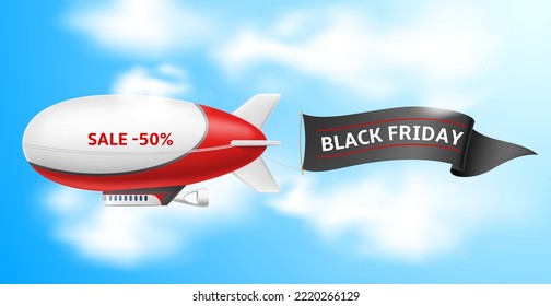 Dirigible with banner. Realistic zeppelin flying in blue sky, fluttering textile ribbon, black friday sale, isolated airship, promo discount poster with vintage transport utter vector concept