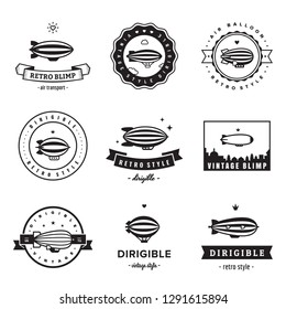 Dirigible (blimp) Hipster And Vintage Black Logo Vector Set. Clean And Simple Design.