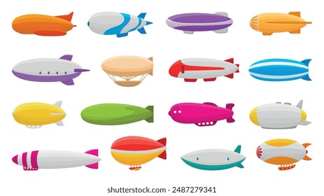 Dirigible cartoon. Vintage aircraft, dirigibles icons set. Colorful flying travel and adventures transport in old style. Airships neoteric vector clipart