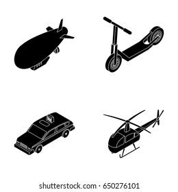 A dirigible, a children s scooter, a taxi, a helicopter.Transport set collection icons in black style vector symbol stock illustration web.