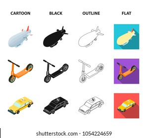 A dirigible, a children scooter, a taxi, a helicopter.Transport set collection icons in cartoon,black,outline,flat style vector symbol stock illustration web.