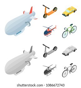 A dirigible, a children's scooter, a taxi, a helicopter.Transport set collection icons in cartoon, monochrome style vector symbol stock illustration web.