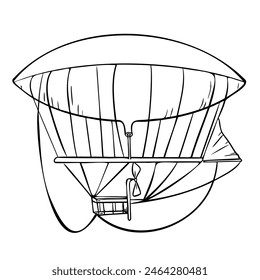 Dirigible early aviation black white contour vector illustration isolated. Airship ink outline hand drawn. Air transport childish design element for boy printed products. Retro aircraft coloring