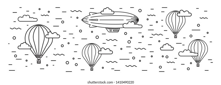 Dirigible and hot air balloons airship. Tools of Aeronautics such as the airship and the balloon to move the delivery by air of goods and people. Elements are drawn in vector in a line art style