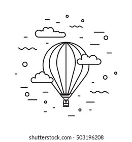 Dirigible and hot air balloons airship. Tools of Aeronautics such as the airship and the balloon to move the delivery by air of goods and people. Elements are drawn in vector in a linear style