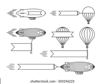 Dirigible and hot air balloons airship. Tools of Aeronautics such as the airship and the balloon to move the delivery by air of goods and people. Elements are drawn in vector in a linear style