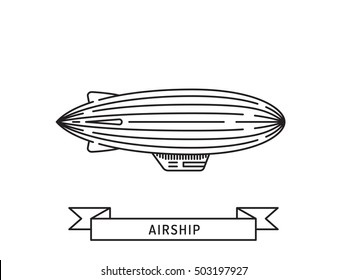 Dirigible and hot air balloons airship. Tools of Aeronautics such as the airship and the balloon to move the delivery by air of goods and people. Elements are drawn in vector in a linear style