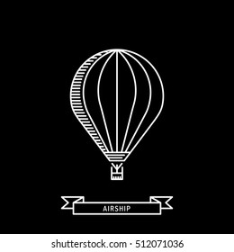 Dirigible and hot air balloons airship. Tools of Aeronautics such as the airship and the balloon to move the delivery by air of goods and people. Elements are drawn in vector in a linear style