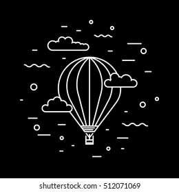 Dirigible and hot air balloons airship. Tools of Aeronautics such as the airship and the balloon to move the delivery by air of goods and people. Elements are drawn in vector in a linear style