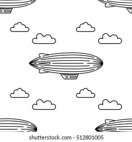 Dirigible and hot air balloons airship. Scandinavian trend seamless pattern with balloons and airships. Elements are drawn in vector in a linear style