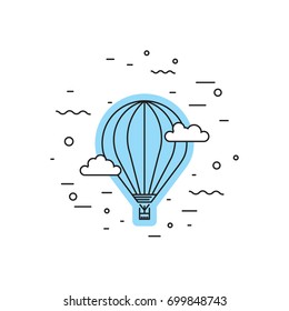 Dirigible and hot air balloons airship. Tools of Aeronautics such as the airship and the balloon to move the delivery by air of goods and people. Elements are drawn in vector in a linear style