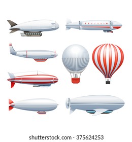 Dirigible and hot air balloons airships in flight icons collection  white red abstract isolated vector illustration 