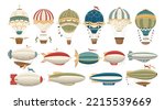 Dirigible and hot air balloons. Realistic retro aviation objects, zeppelins, airships, colorful sky vintage transport, air journey flying aerostat elements. Vector illustration