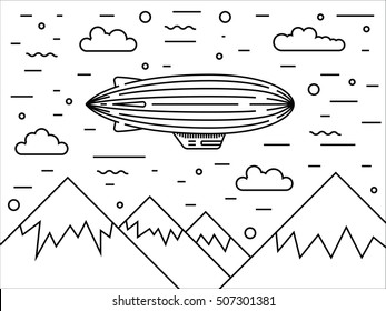 Dirigible and hot air balloos airship. Aeronautic airship  balloon delivery by air,of goods and people. Elements are drawn in vector in a linear style