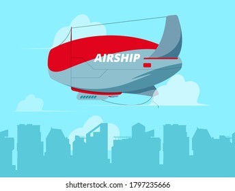 Dirigible in sky. Flying airship in clouds concept travel background illustration