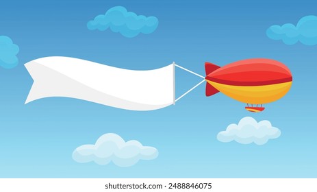 Dirigible in sky. Old style airship flying with empty ribbon. Message between clouds, advertising or romantic. Zeppelin travel, neoteric vector background