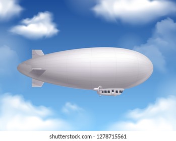 Dirigible in the sky realistic background  with air transport symbols vector illustration