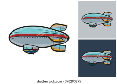 Dirigible vector sketch in kids style on white, gray and dark background.