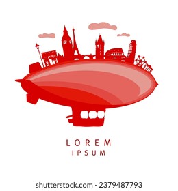 Dirigible with worldwide famous European showplaces, dirigible vector logotype template
