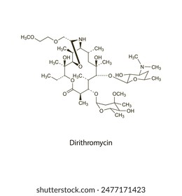 Dirithromycin flat skeletal molecular structure Macrolide antibiotic drug used in bacterial infection treatment. Vector illustration scientific diagram.