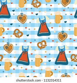 Dirndl dress Oktoberfest seamless vector pattern. Lebkuchenherz, flowers, hearts, beer glass. Blue and white checkered background. Bavarian Oktoberfest costumes.