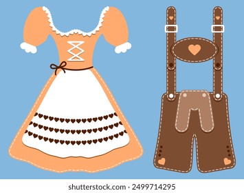 Dirndl Y Pantalones De Cuero Fondo Azul Marrón Naranja