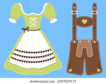 Dirndl und Lederhose grün braun blauer Hintergrund