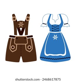 Dirndl and Lederhose. Traditional costumes of Bavaria. Women's dress and men's leather shorts. Oktoberfest. Traditions of Germany. Vector illustration isolated on a white background for design and web