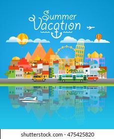 Dirrefent world famous sights. Around the world concept. Asia cityscape Vector travel illustration 