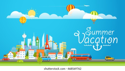 Ideias famosas mundiais. Ilustração moderna de viagem do vetor da paisagem urbana 