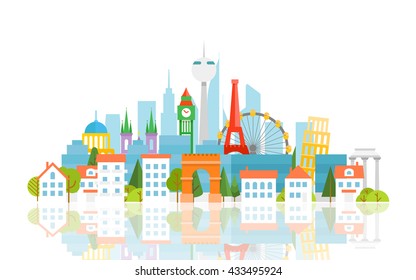 Verschiedene weltberühmte Sehenswürdigkeiten. Urlaubsreisekonzept. Vektorgrafik 