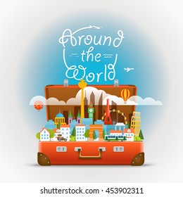 Dirrefent world famous sights. Vector travel illustration. Around the world concept