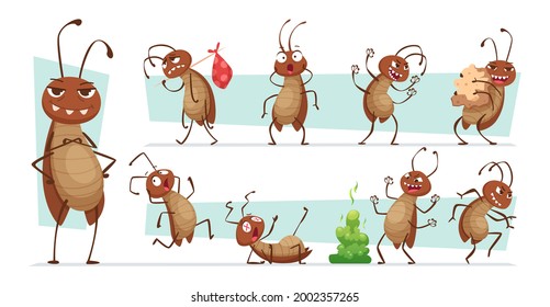 Dirt cockroach  Bad pests interior room bugs dirty insects hygiene exact vector funny characters illustrations collection