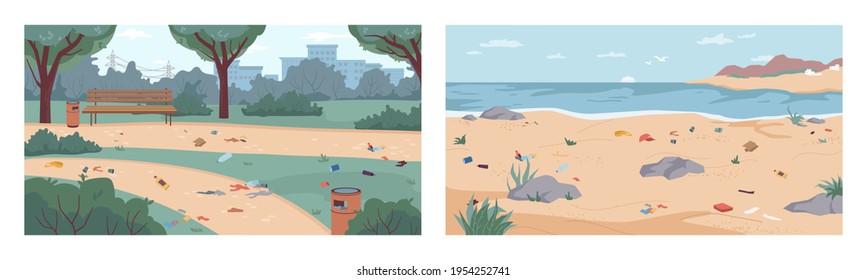 Dirt and debris on beach and in park, rubbish on ground and sand, vector flat cartoon illustration. Garbage in nature, polluted environment. Litter on seashore, river bank, at city parkland