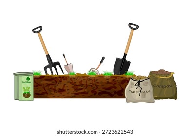 Suciedad, herramientas de jardín y sustrato aislado sobre fondo blanco. Preparar el suelo para el concepto de siembra. La primavera trabaja el suelo para cultivar hortalizas o plantas. Mezcla de nutrientes para la siembra de semillas. Agricultura ecológica. Ilustración vectorial de Stok
