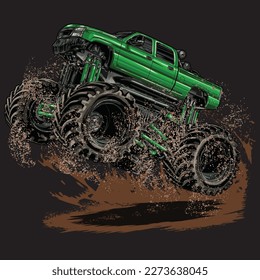 dirt green truck splash, isolated on black background for business elements, screen printing, digital printing,DGT,DFT and poster.