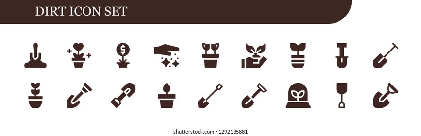  dirt icon set. 18 filled dirt icons. Simple modern icons about  - Shovel, Plant, Dust, Planting, Plants