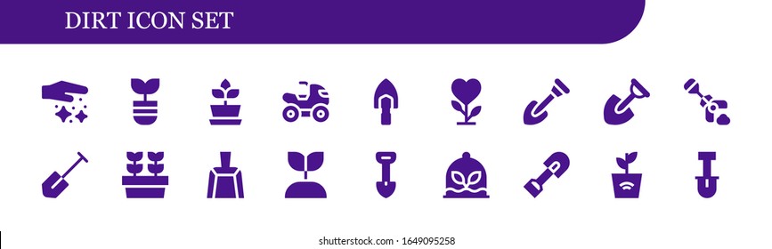 conjunto de iconos de suciedad. 18 iconos de suciedad. Incluye polvo, planta, cuádruple, pala, pala, plantas, desoplo, iconos de plantas en crecimiento