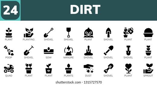 dirt icon set. 24 filled dirt icons.  Collection Of - Plant, Planting, Shovel, Poop, Sow, Manure, Quad, Plants, Dust, Sprout