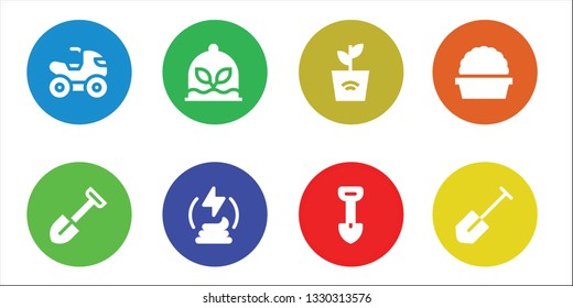 dirt icon set. 8 filled dirt icons.  Collection Of - Quad, Shovel, Plant, Manure