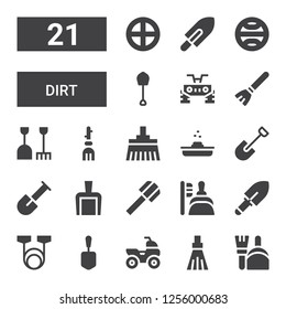 dirt icon set. Collection of 21 filled dirt icons included Dustpan, Broom, Quad, Shovel, Resistance, Poop, Terra