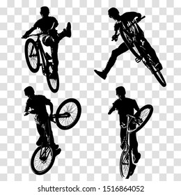 Dirt jumping illustration. Trick biker silhouette isolated on transparent background. Cyclist jump and doing trick on bicycle. 