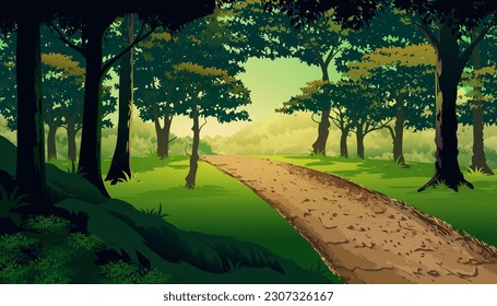 Dirt path through a green forest and across the lush trees vegetation vector illustration