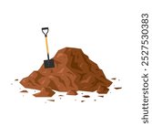 Dirt pile with a shovel. Brown geometric soil heap in cartoon style. Vector illustration isolated on a white background. Ground clipart for construction, agricultural, gardening designs.