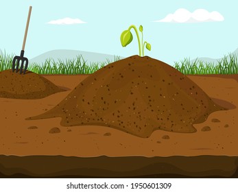 Dirt Piles. Hummus peat soil with growing plant flowers sprouts, sprigs, stones.