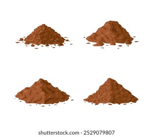 Dirt piles. Set of brown geometric soil heaps in cartoon style. Vector illustration isolated on a white background. Ground clipart for construction, agricultural, environmental designs.