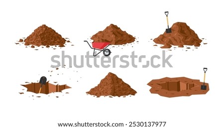 Dirt piles. Set of brown geometric soil heaps in cartoon style. Vector illustration isolated on a white background. Ground clipart for construction, agricultural, environmental designs.