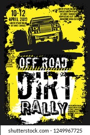 Dirt Rally. Extreme off-road adventure. Vintage style. Vertical vector illustration with unique hand drawn image in white, yellow and black colours useful for retro poster, print and flayer design.